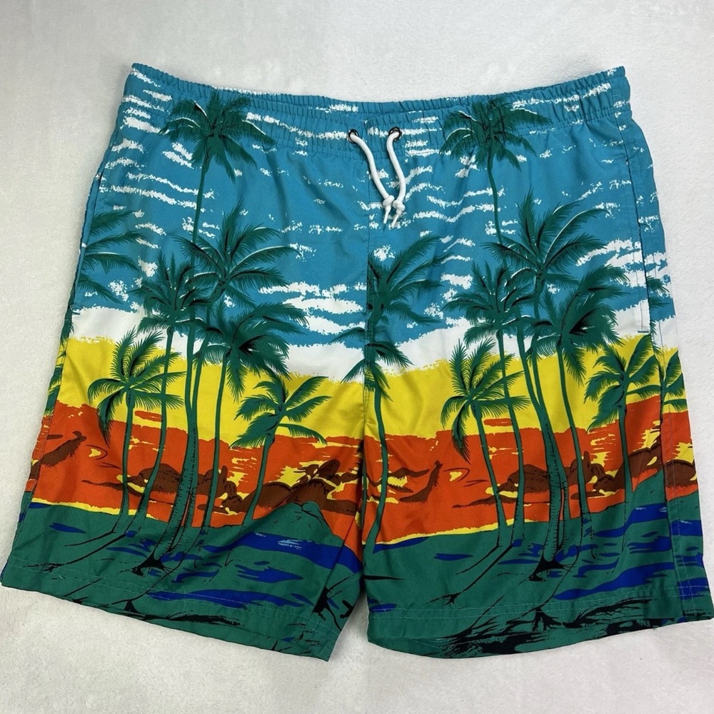 US Surf Club Men’s Swim Trunks XXL Palm Trees Blue Green Red Yellow